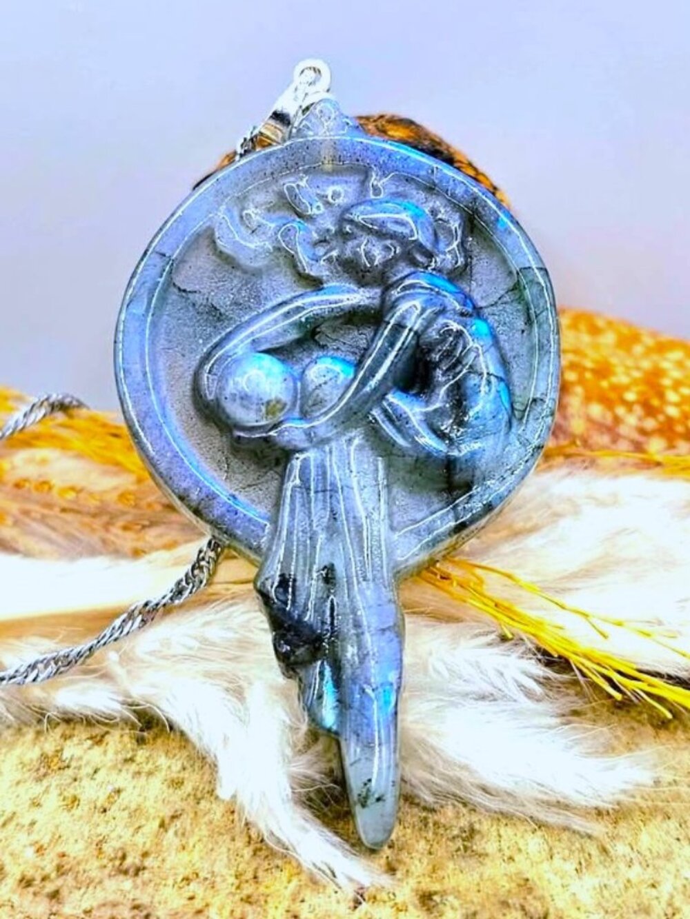 Natural Labradorite Carved Dragonfly Fairy Pendant Necklace